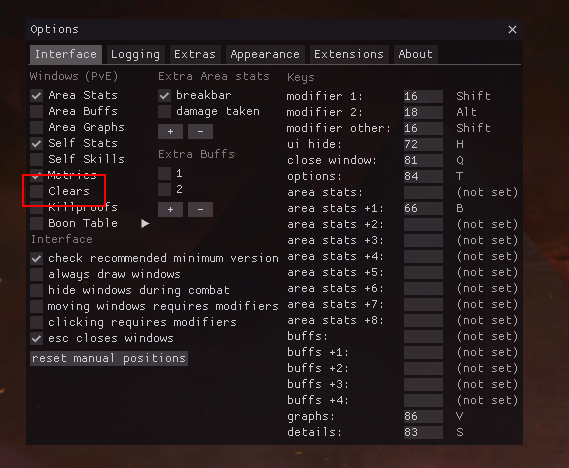 Clears window in arcdps settings